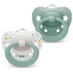 The NUK Signature Baby Pacifier is designed for babies aged 0-6 months. It features an orthodontic silicone nipple that supports natural oral development. The pacifier is BPA-free and has a shield design that is gentle on a baby’s skin.