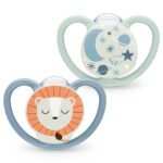 The NUK Space Night Baby Dummy is designed for infants aged 0-6 months. It features a soft silicone nipple that promotes healthy oral development, and its glow-in-the-dark design makes it easy to find at night. The dummy is BPA-free and gentle on delicate skin.