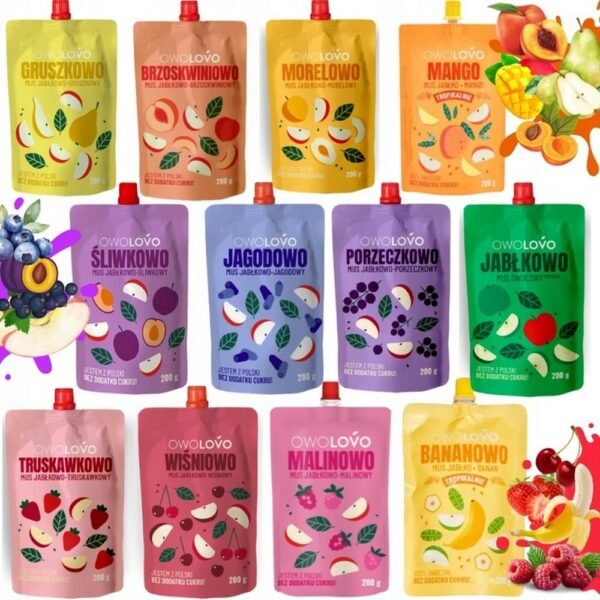 OWOLOVO Mix of Fruit Mousse for Children TUBES 12x200g offers a variety of 12 delicious fruit flavors, perfect for kids and adults. These ready-to-go fruit purees come in easy-to-use tubes, making them ideal for school lunches or snacks on the go. Each pack contains 12 tubes of 200g, providing a fun and healthy way to enjoy fruits daily.