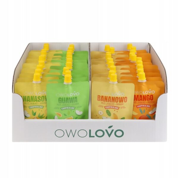 OWOLOVO Mix of Tropical Mousses (40x200g) offers a blend of tropical fruit flavors, perfect for both children and adults. Made from natural ingredients, these mousses are convenient for on-the-go consumption, providing a healthy snack option without added sugar, preservatives, or colorants.