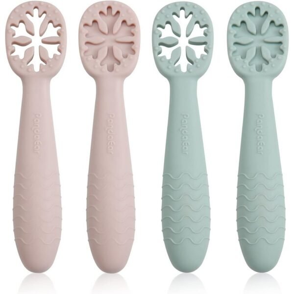 This set includes 4 soft silicone spoons designed for babies learning to eat independently.