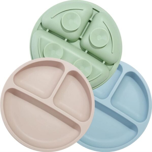 This silicone baby plate features a suction base to prevent spills and mess during mealtime.