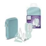 Complete Baby Grooming Set: This kit includes nine essential accessories such as a digital thermometer, a nasal aspirator, a finger toothbrush, nail clippers, a hairbrush, and more. It’s designed to cover various aspects of a baby’s grooming and healthcare.