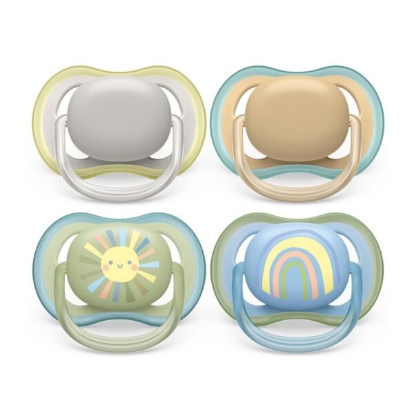 The Philips Avent Ultra Air Schnuller - 4er Pack features a lightweight design with large air holes for optimal airflow, ensuring comfort for your baby’s sensitive skin. The soft silicone nipple supports natural sucking behavior, making it ideal for babies. These pacifiers are BPA-free and easy to clean.