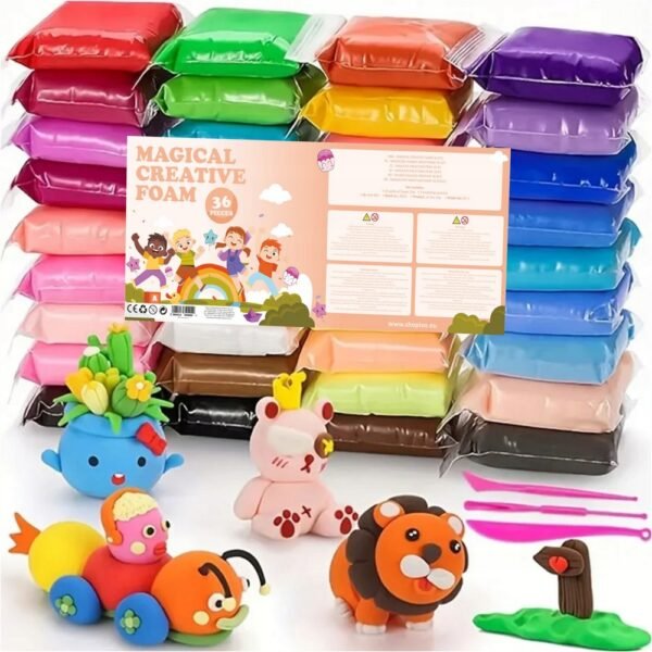 Un conjunto de 36 piezas de arcilla de modelado de espuma de colores, perfectas para crear varias formas y diseños de pasteles. Este material liviano y no tóxico es fácil de moldear, lo que lo hace ideal para que los niños exploren su creatividad.
