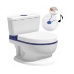 This portable toilet is designed for young children, featuring a comfortable backrest and sound effects to engage little ones during potty training. Its compact design makes it ideal for travel, ensuring convenience for parents and comfort for kids.