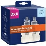 The SET OF 2 LOVI Medical+ Bottles (2x150 ml) with SUPERVENT Pacifier (0m+) is designed for newborns and features a unique ventilation system to prevent colic. The bottles are lightweight and easy to hold, making them ideal for infants.
