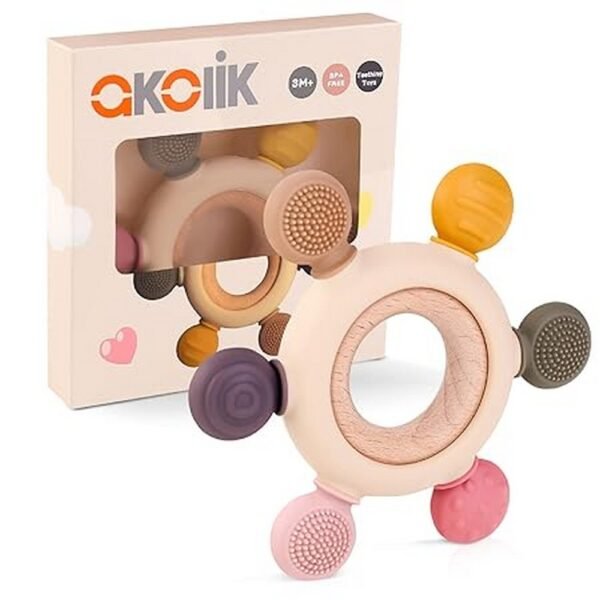 The Teether for Babies is a silicone teething toy designed to soothe sore gums during teething. Made from safe, non-toxic silicone, it is easy for babies to grasp and chew. The teether is lightweight and can be easily cleaned, making it a convenient option for parents.