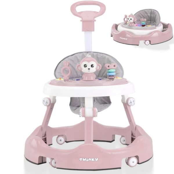 This multifunctional walker includes a play set and a soft floor mat, designed to enhance the walking experience for infants.