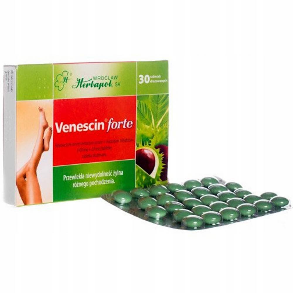 venescin forte 30 tabl Venescin Forte is a drug with anti-edematous properties, used for chronic venous insufficiency of various origins, manifested by edema, calf cramps, itching, pain, and a feeling of heaviness in the legs.
