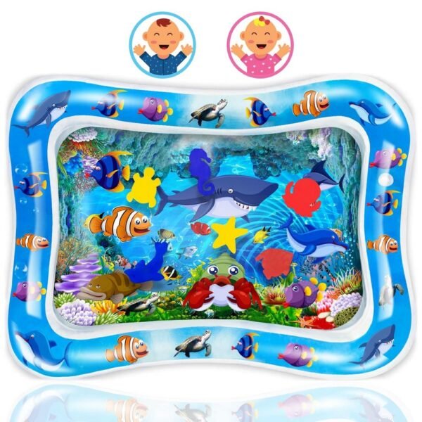 This water play mat features colorful graphics and floating toys, designed to engage babies during tummy time.