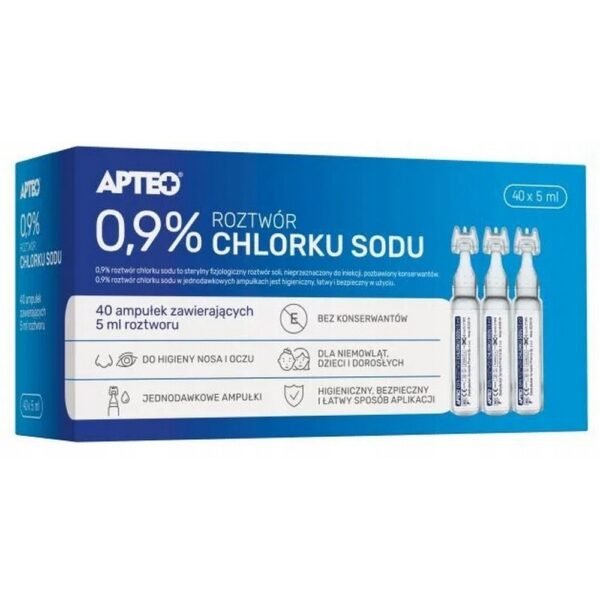 0.9% Sodium Chloride Solution, 40 ampoules, APTEO, used for medical purposes such as hydration, wound cleaning, and nasal irrigation. A sterile solution for safe and effective use.