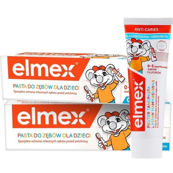 Elmex Protection of Milk Teeth Toothpaste for Children 0-5 Years, 2 x 75 ml (150 ml total), specially formulated to protect young teeth from cavities and strengthen enamel with a mild, child-friendly flavor.