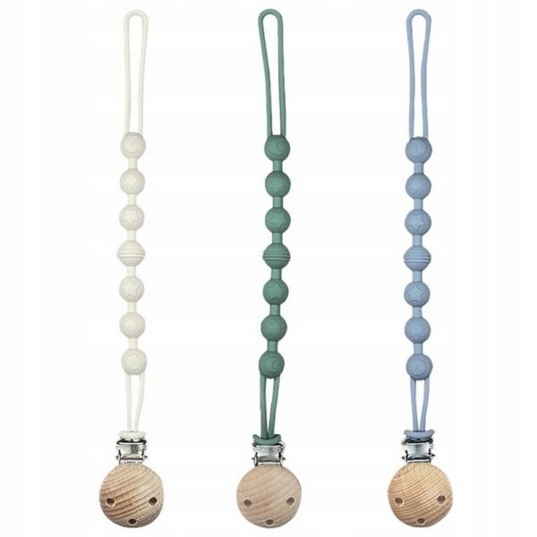 Set of three pendant chain pacifier clips, designed to keep pacifiers secure and easily accessible. A practical and stylish gift for children.