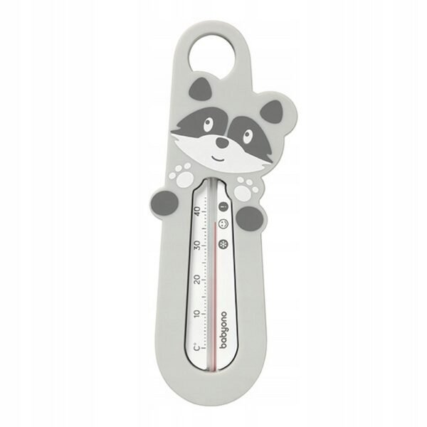 A cute raccoon-themed analog bath thermometer designed for monitoring water temperature safely, ensuring a comfortable bathing experience for infants.