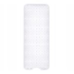 A transparent anti-slip bathroom mat designed for use in baths and showers, featuring large suction cups for secure placement and safety during use.