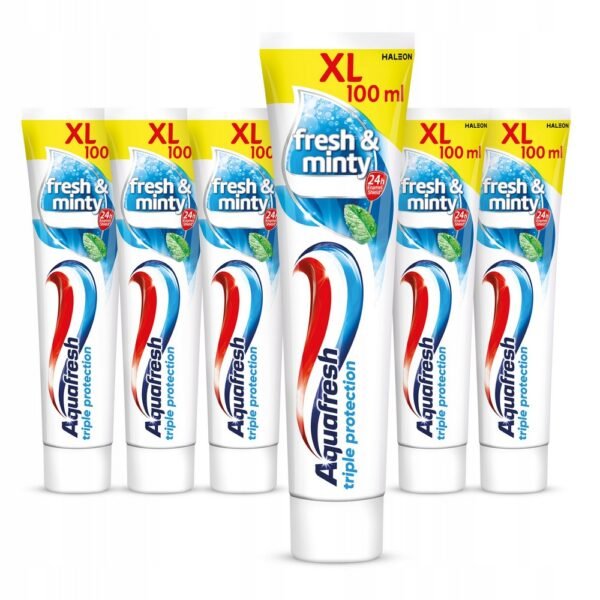 Aquafresh Triple Protection Toothpaste Mild & Minty with Fluoride, 100 ml, provides comprehensive oral care by protecting against cavities, plaque, and gum problems, while delivering a mild mint flavor for fresh breath.