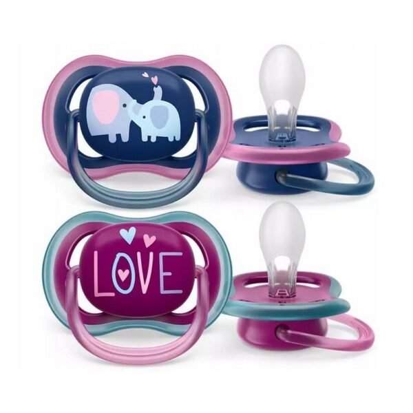 Breathable pacifier with extra airflow, designed for sensitive skin. Includes a convenient sterilizing and storage case.