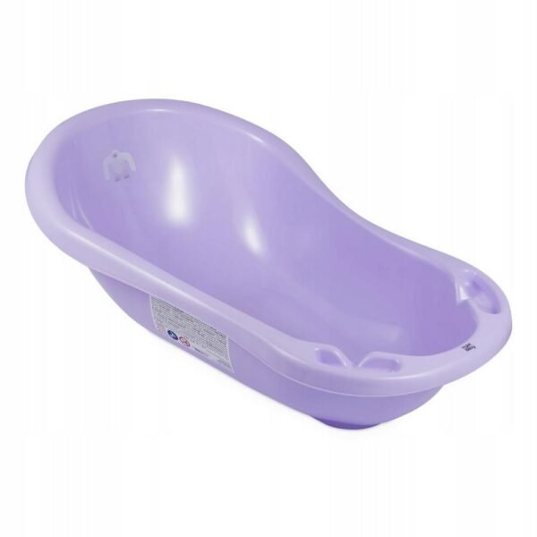An 84cm baby bath in purple, designed with a stopper for easy drainage. This bath has a safety certificate, ensuring it meets quality and safety standards for infant use.