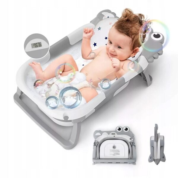 Convenient folding bathtub designed for infants, featuring a built-in thermometer for accurate temperature monitoring and a soft pillow for added comfort. Ideal for space-saving storage and easy transport.
