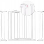 Expandable safety gate designed to fit various doorways and staircases, ensuring child safety with a robust design and secure locking mechanism.