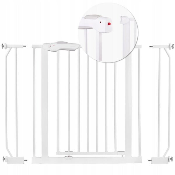 Expandable safety gate designed to fit various doorways and staircases, ensuring child safety with a robust design and secure locking mechanism.