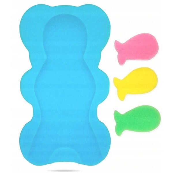 A comfortable bath mattress insert made of sponge material, designed for added support during bath time, accompanied by three additional sponges for versatility.