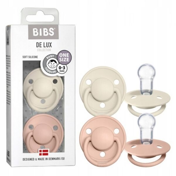 Set of two BIBS De Lux silicone soothers suitable for babies 0-36 months, designed for comfort and optimal airflow. Eco-friendly and available in stylish colors.