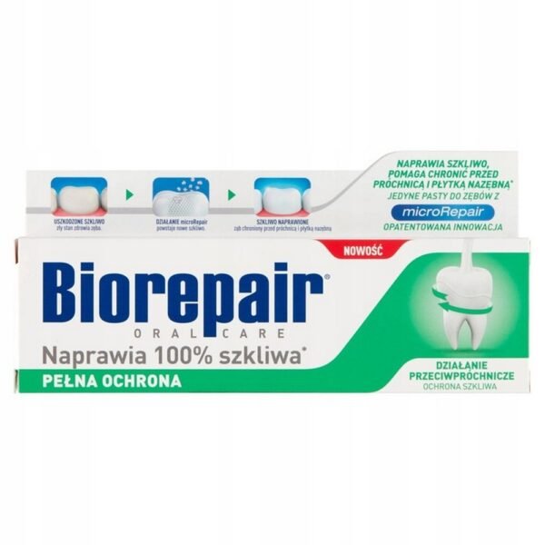 Biorepair Full Protection Toothpaste, 75 ml, helps restore and protect enamel, reduce tooth sensitivity, and prevent cavities. Formulated with microRepair® to actively repair damaged enamel and protect against plaque.