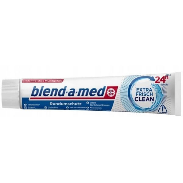 Blend-a-Med Extra Frisch Clean Toothpaste (75ml) is a toothpaste that provides a fresh, long-lasting clean and helps protect against cavities, plaque, and bad breath. Its formula, enriched with fluoride, promotes strong teeth and healthy gums while delivering a refreshing minty taste for all-day freshness.