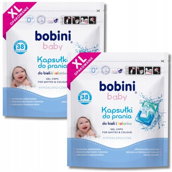 Bobini Baby Laundry Capsules (76 pcs) are hypoallergenic detergent capsules designed for washing baby clothes. They are gentle on sensitive skin and safe for babies, providing effective cleaning while maintaining the softness and color of clothes.