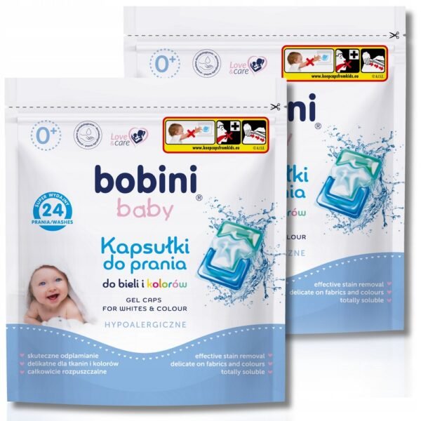Bobini Baby Laundry Capsules Hypoallergenic (48 pcs) are gentle, hypoallergenic detergent capsules designed for washing baby clothes. They are free from harsh chemicals, making them safe for sensitive skin, and effectively clean while maintaining fabric softness.