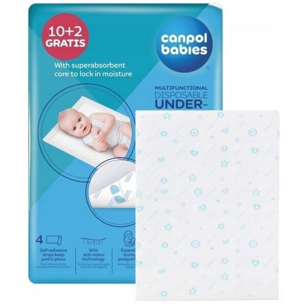 Canpol Disposable Hygienic Foundations Multifunctional, 90x60 cm, 12 pcs, designed for use during diaper changes, medical procedures, or as protective mats. These absorbent pads provide hygiene and convenience, keeping surfaces clean and dry.