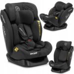The Sesttino Secure Pro car seat is designed for children from 40 to 150 cm (0-36 kg), featuring a reclining sleeping function for added comfort during travel. With a sleek black design, it ensures safety and convenience for growing children.