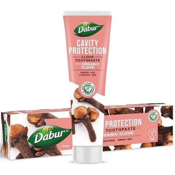 Dabur Clove Toothpaste Anti-Caries + Anti-Pain (100ml) is a toothpaste formulated with natural clove extract, known for its antibacterial and analgesic properties. It helps fight cavities, reduce dental pain, and maintain oral hygiene with regular use.