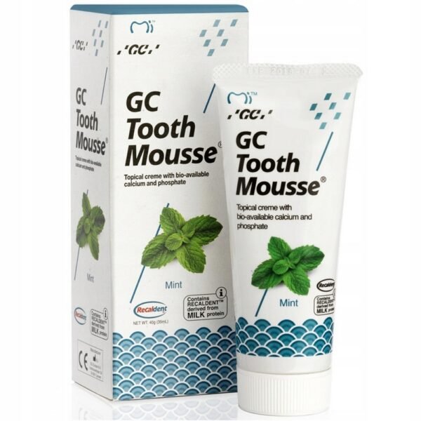 GC Tooth Mousse Paste Remineralizing Mint, 40 g, designed to help remineralize and protect tooth enamel, reduce sensitivity, and maintain oral health. Contains Recaldent™ (CPP-ACP) to strengthen teeth. Fluoride-free and ideal for daily use.