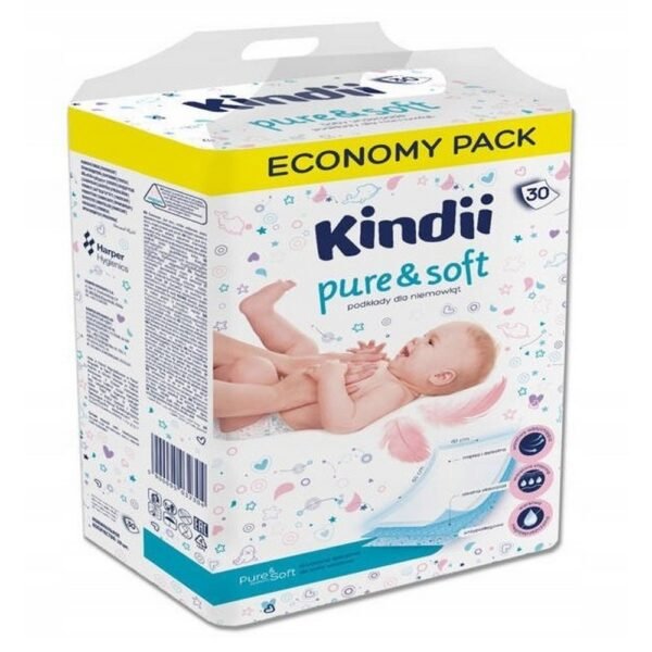 Kindii Pure & Soft Scrolling Pads (40x60 cm, 30 pcs) are soft, absorbent pads for babies, ideal for diaper changes and protecting surfaces. They are gentle on sensitive skin and hypoallergenic.