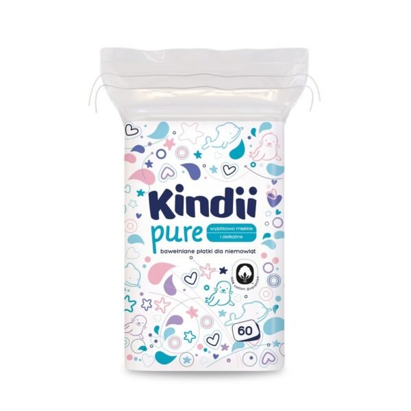 Kindii Pure Baby Flakes, 60 pieces, made of soft, 100% cotton, designed for gentle care and cleaning of sensitive baby skin. Ideal for daily hygiene routines.