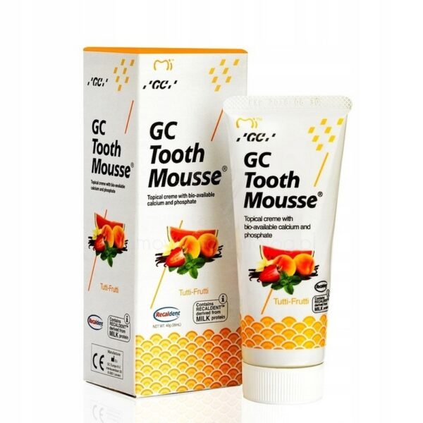 GC Tooth Mousse Liquid Enamel Fluoride-Free Paste, Tutti-Frutti, 35 ml, helps remineralize and protect tooth enamel without fluoride, offering a fruity flavor while preventing tooth sensitivity and promoting oral health.