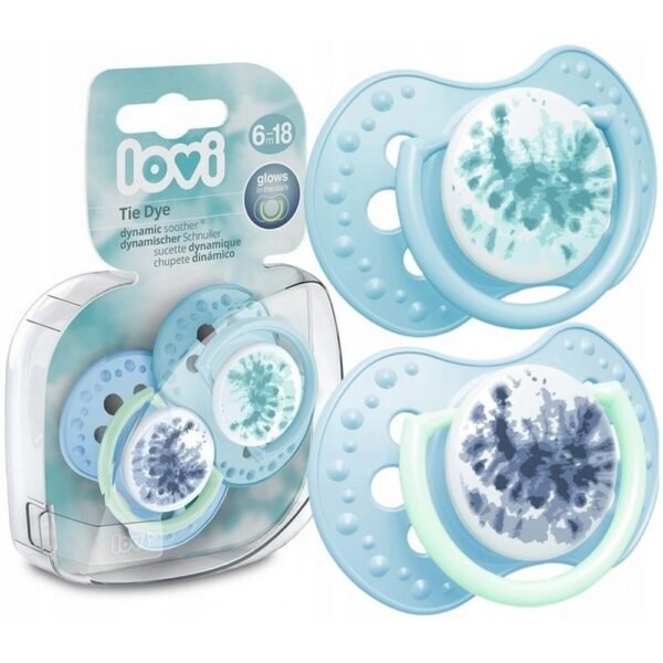 Colorful tie-dye soothers designed for babies 6-18 months, promoting oral development and comfort. Made from safe, BPA-free materials.