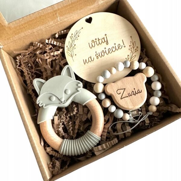 Customized pacifier pendant featuring a charming fox design, paired with a teether. Perfect for baby showers, made from safe, engraved wood.