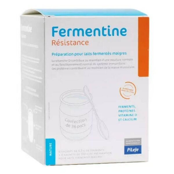 Fermentine Résistance is a food supplement from the Pileje laboratory based on vitamin D, proteins, ferments and calcium.