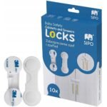 Set of 10 security latches designed to secure cabinet drawers and furniture, enhancing safety for children by preventing unauthorized access.
