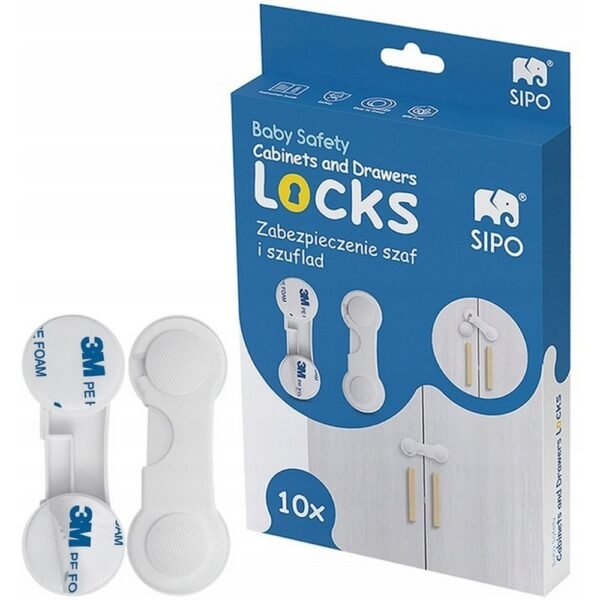Set of 10 security latches designed to secure cabinet drawers and furniture, enhancing safety for children by preventing unauthorized access.