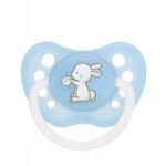 Small anatomical silicone pacifier designed for babies aged 6-18 months, featuring a charming "Little Cutie" design. Promotes natural oral development and comfort.