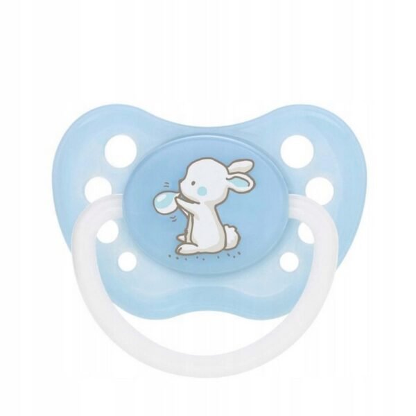 Small anatomical silicone pacifier designed for babies aged 6-18 months, featuring a charming "Little Cutie" design. Promotes natural oral development and comfort.