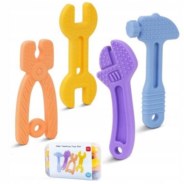 Set of four teether toys designed for soothing sore gums in teething children. Made from safe, non-toxic materials and featuring various textures.