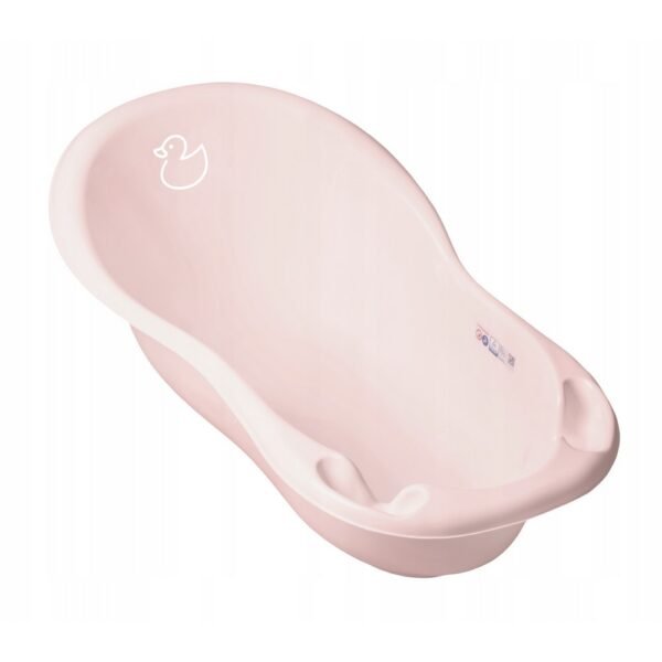 A spacious 102cm bathtub in a soft pink powder color with a duck design, ideal for babies and young children. Made from durable, child-safe materials.