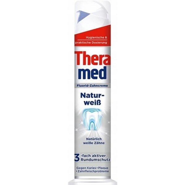 Theramed Whitening Toothpaste, 100 ml, designed to effectively whiten teeth while protecting against cavities and plaque buildup. Provides long-lasting freshness and a bright smile.