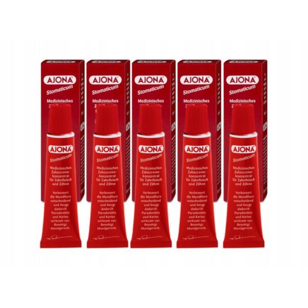 Ajona Concentrate Toothpaste for Washing (5 x 25 ml) is a highly concentrated toothpaste known for its strong cleaning power. It effectively removes plaque, stains, and bacteria from teeth, helping to maintain oral hygiene.